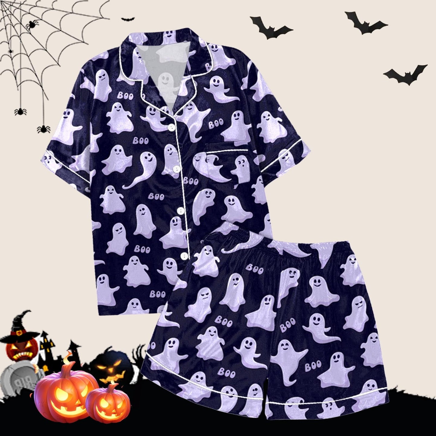 Halloween Blue Pajamas for Women Set Women Pajamas Graphic Printed Silk Satin Cute Sleepwear Buttons Short Sleeve Tops Shorts Sets Womens Sleepwear_Purple
