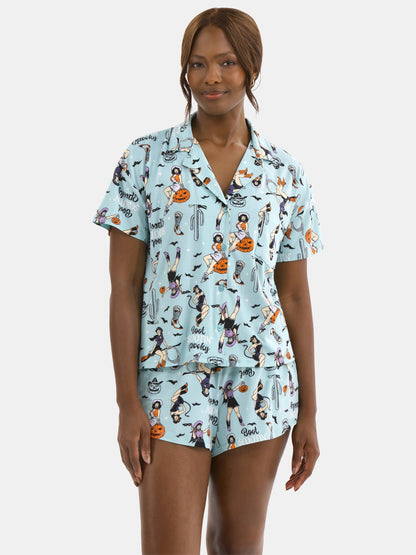 Halloween Women’s Spooky Printed Notched Top and Shorts Pajama Set from Way to Celebrate