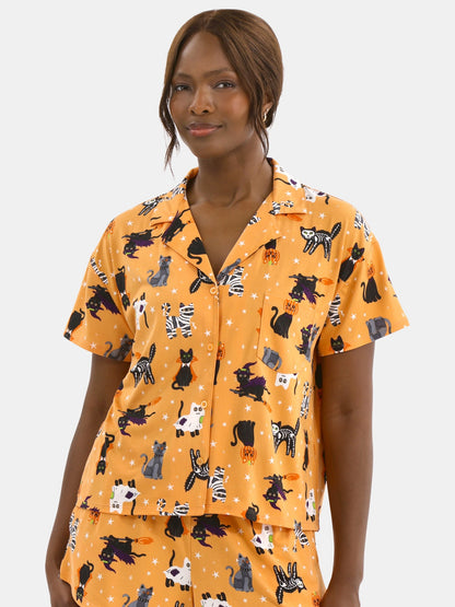 Halloween Women’s Pumpkin Cat Printed Notched Top and Shorts Pajama Set from Way to Celebrate