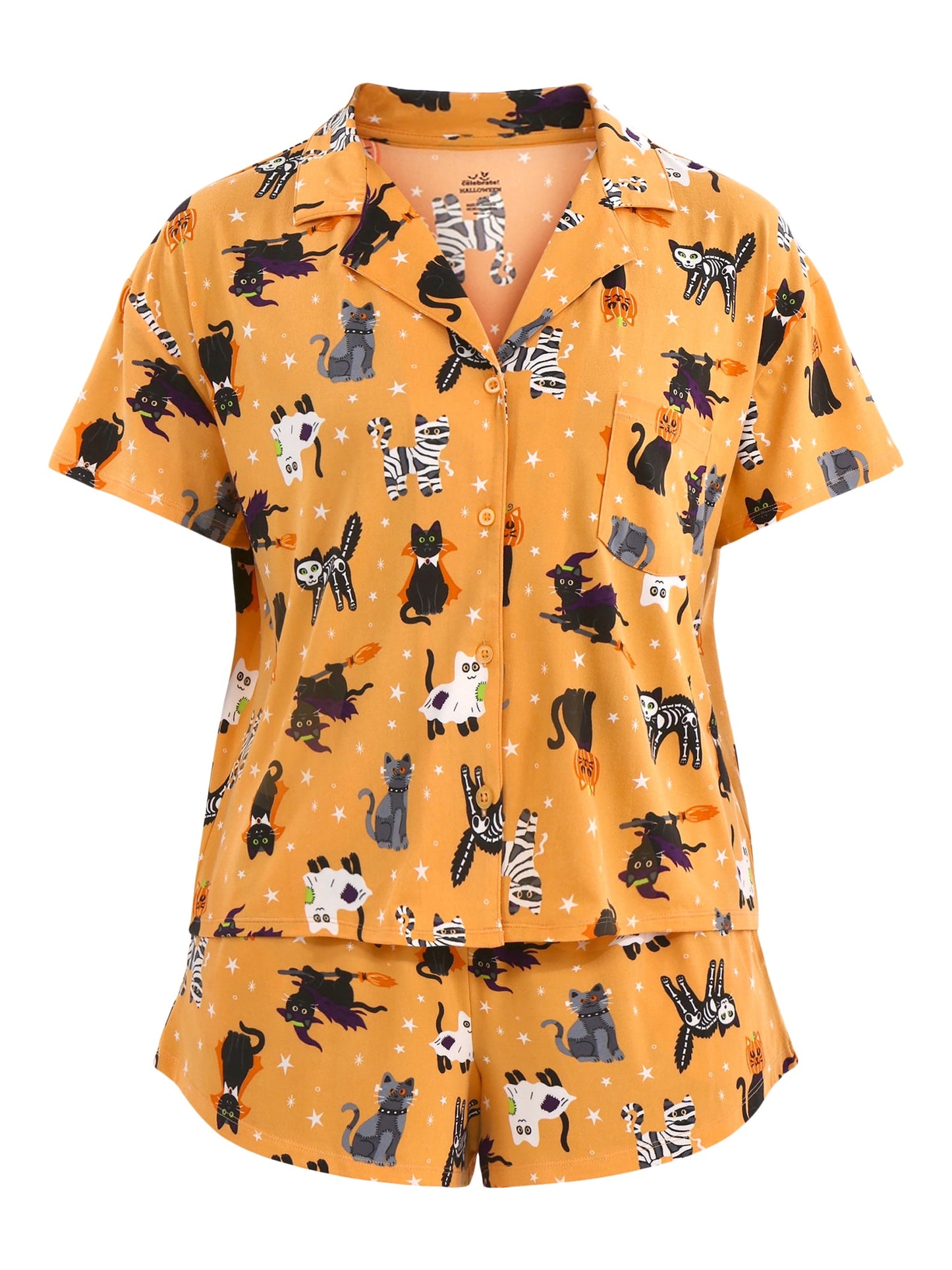 Halloween Women’s Pumpkin Cat Printed Notched Top and Shorts Pajama Set from Way to Celebrate