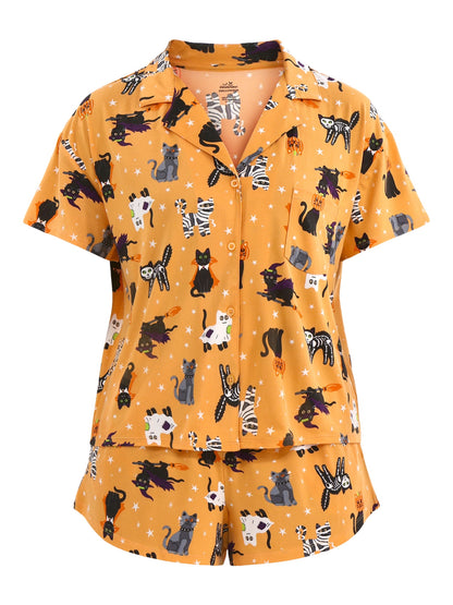 Halloween Women’s Pumpkin Cat Printed Notched Top and Shorts Pajama Set from Way to Celebrate