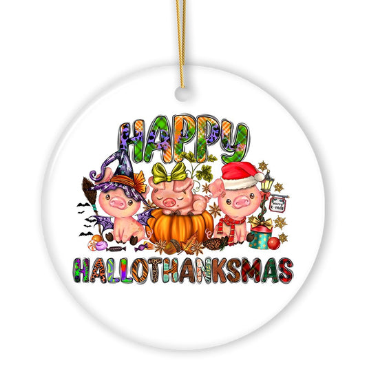 Happy Hallothankmas Cute Festive Pigs Holiday Christmas Ornament, Halloween and Thanksgiving Fall Theme