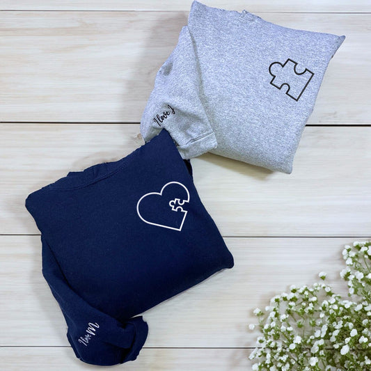 Heart Puzzle Hoodie or Sweatshirt, Custom Embroidered Valentine Gift For Wife Husband
