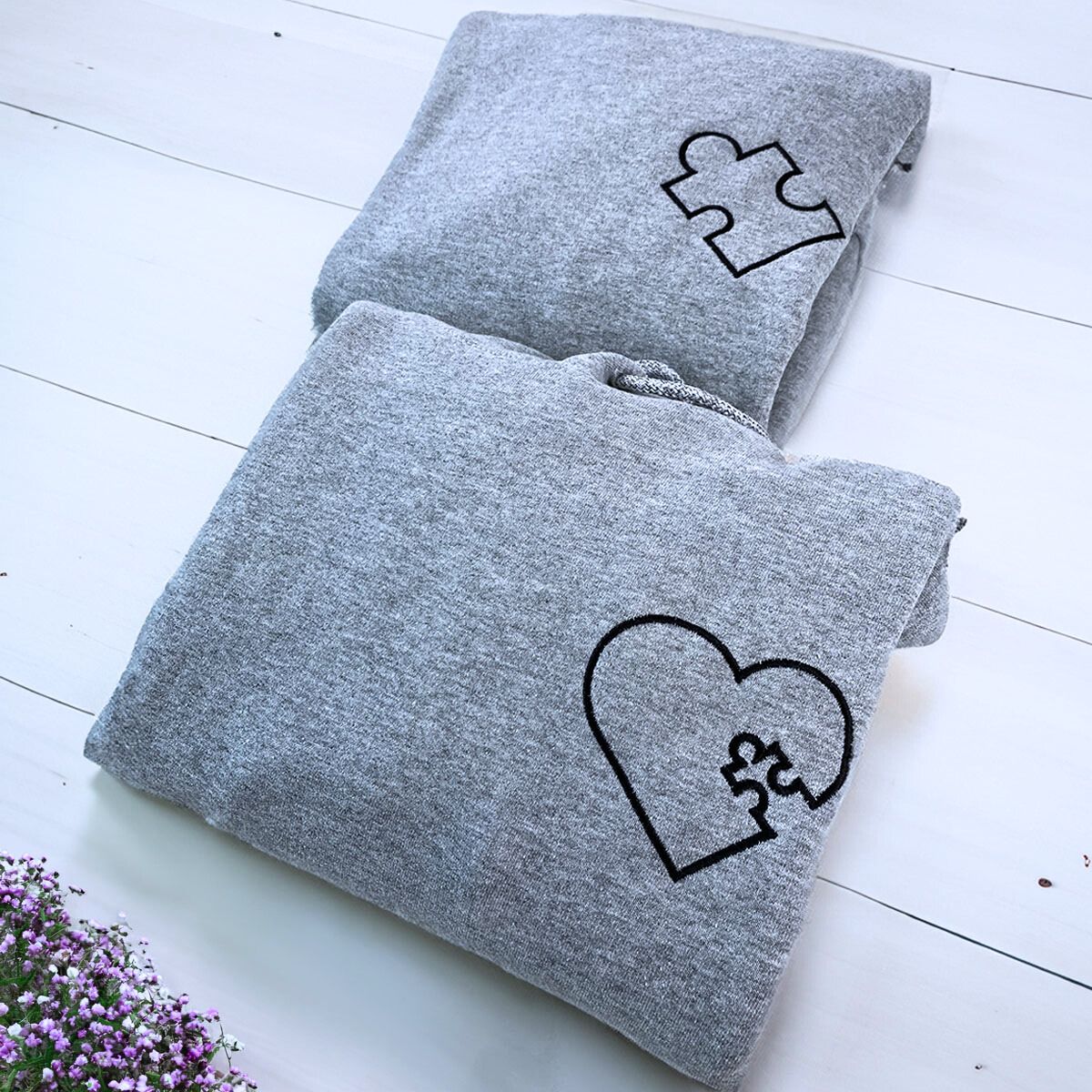 Heart Puzzle Hoodie or Sweatshirt, Custom Embroidered Valentine Gift For Wife Husband