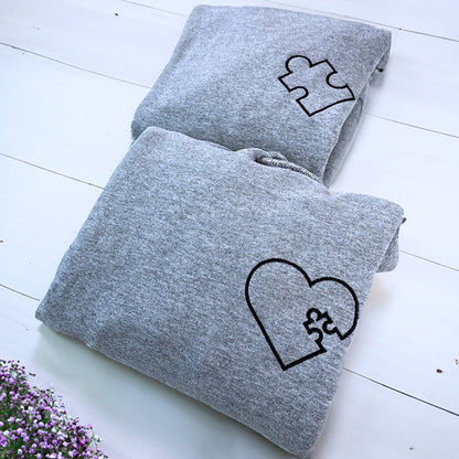 Heart Puzzle Hoodie or Sweatshirt, Custom Embroidered Valentine Gift For Wife Husband