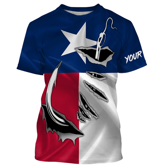 TX Fishing 3D Fish Hook Texas Flag UV protection custom long sleeves shirts personalized fishing apparel gifts