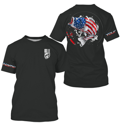 Bass American Flag Custom Long Sleeve Fishing Shirts, Patriotic Fishing gifts