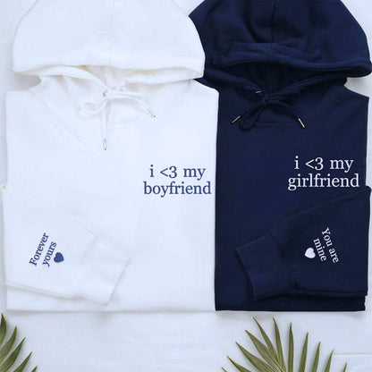 I Love My Girlfriend Hoodie or Sweatshirt, Embroidered Gift with Initial on Sleeve