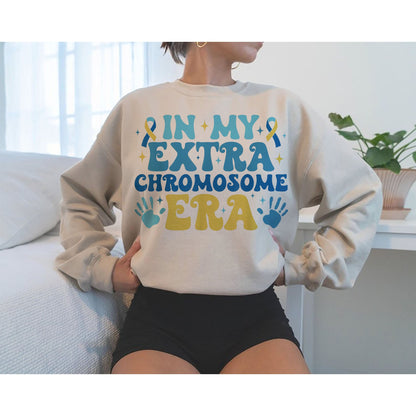 In My Extra Chromosome Era Sweatshirt, Down Syndrome Awareness Tee, Down Warrior Support Sweater, Blue Yellow Ribbon Motivational Hoodie