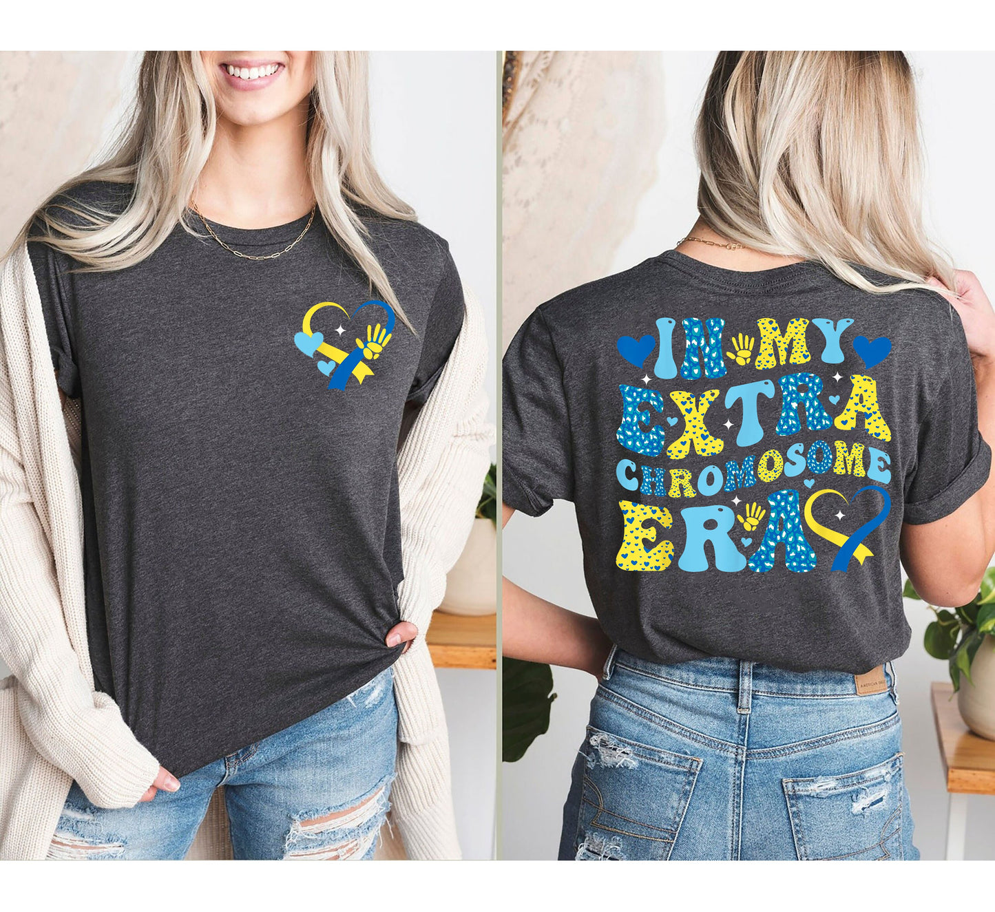 I mo Gheansaí Ré Crómasóm Breise, Cochaillín Feasachta ar Shiondróm Down, Léine Siondróm Down T21, Ribín Gorm Buí, Trodaí Síos, Léine Tacaíochta