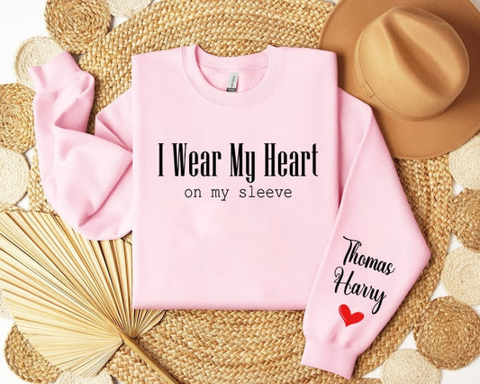 I wear my heart on my sleeve Sweatshirt, Gift for Mum, Mothers Day Shirt,Custom Mama Sweatshirt with Name on Sleeve,Personalised Gift Hoodie