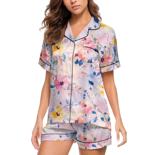 JULMCOMO Pj Sets for Woman Comfy Satin Silk Short Sleeve Sleepwear Button Up Lounge Sets Cute floral print 2 Piece Pjs Shorts Set Blue 2XL