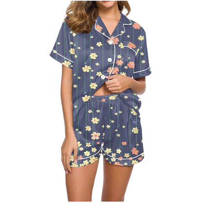 Halloween Pajamas Fashion Casual Printed Short Sleeve Lapel Top with Shorts Loose Comfortable Home Pajama Set Green