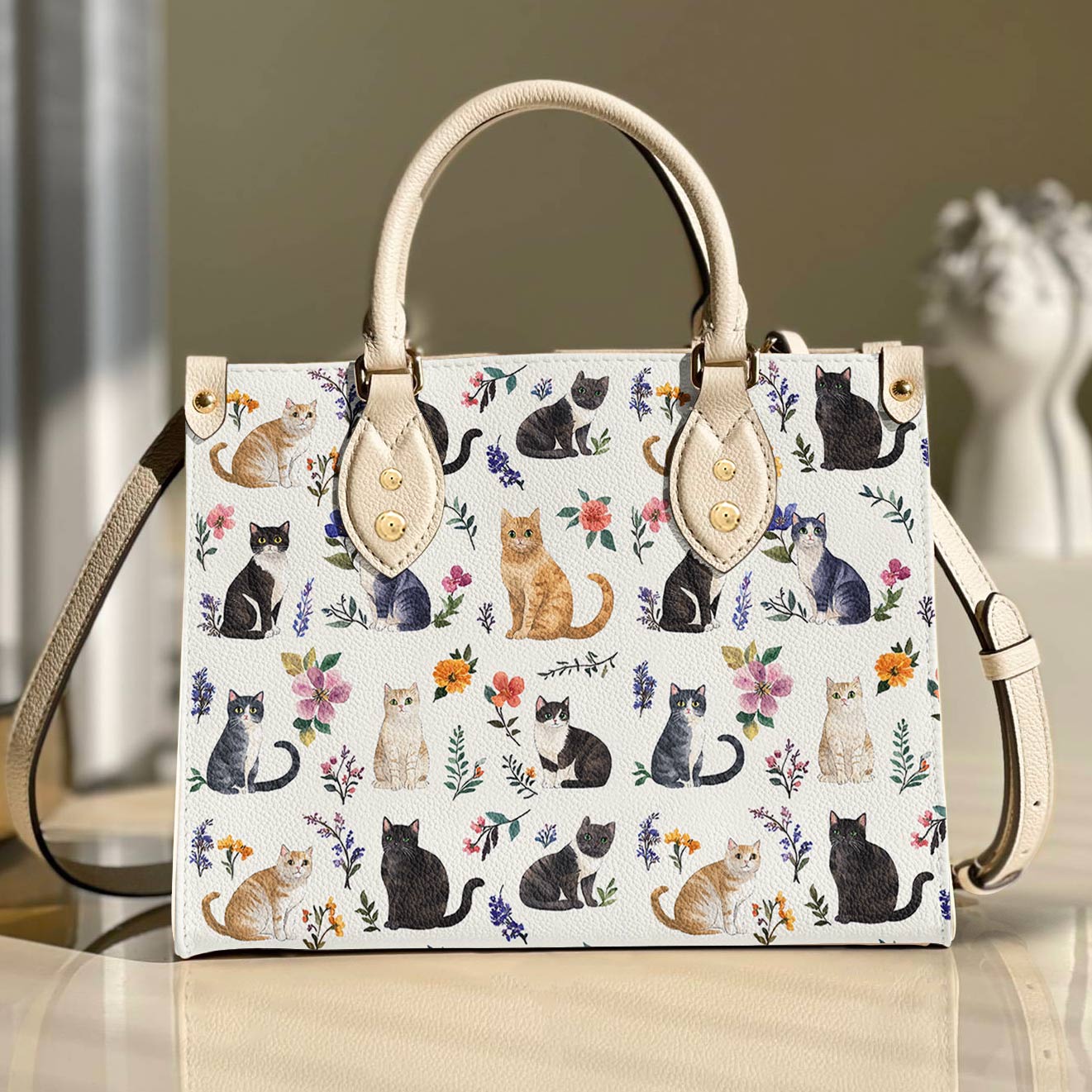 Leather Bag Floral Feline Parade