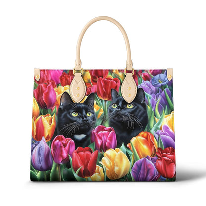 Leather Bag Enchanted Black Cats In The Tulip Garden