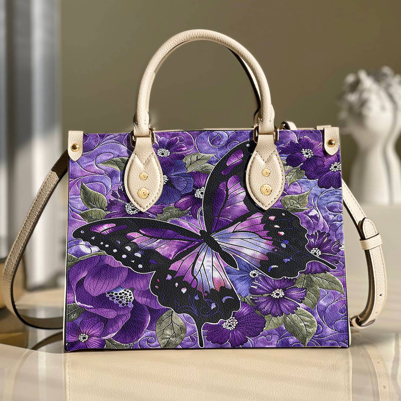 Leather Bag Gorgeous Purple Butterfly Flowers