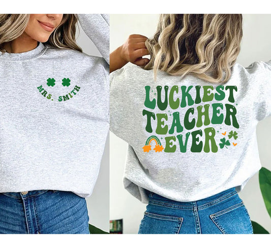 Sweatshirt Shamrock Múinteoir is Luckiest Riamh, Léine Lá Fhéile Pádraig don Mhúinteoir, Bronntanas Múinteora Lá Fhéile Pádraig, Bronntanas Múinteora Gaeilge, Múinteoir