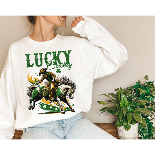 Sweatshirt Capall Lucky Cowboy, Léine Lá Fhéile Pádraig Thiar, Léine Capall Lucky, Bronntanais Éireannacha, Sweatshirt Cowboy for Women, Seamair Ceithre Duilleog