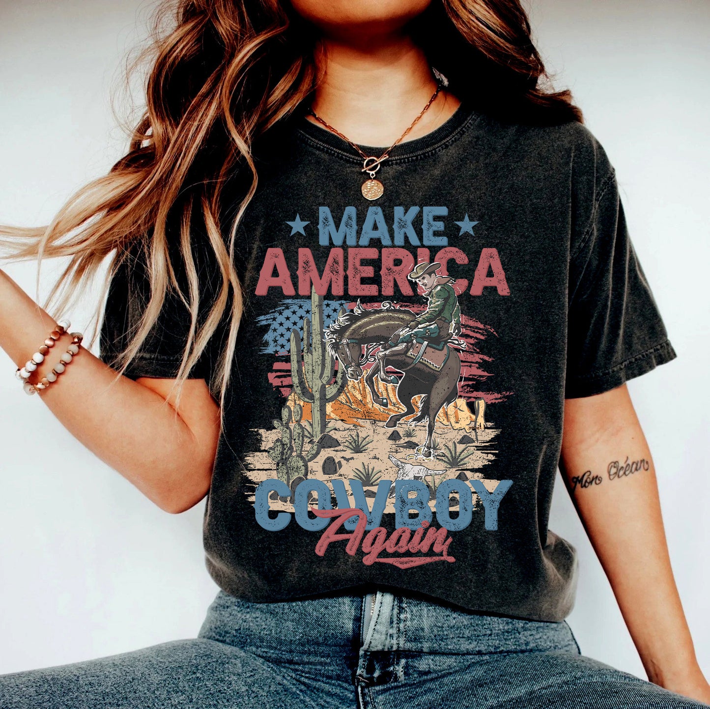 Make America Cowboy Again Western Graphic Tee, 4th of July Shirt, Western Shirt, Cowboy Shirt, Rodeo Shirt, Patriotic Country tee