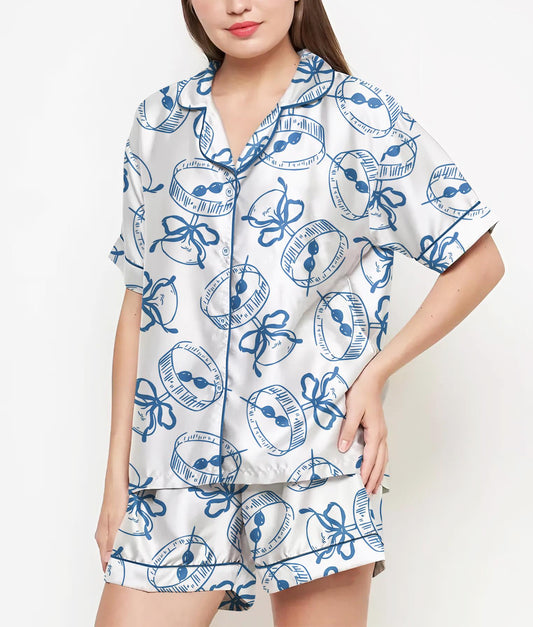 Martini Espresso Coquette Pajamas Satin Set, Blue Martini Shirt,Mother's Day Gift, Birthday Gift, Gift For Her, Bridesmaid Gifts, Women Gift