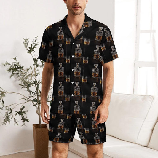 Men's Pajama Set With Whiskey Decanter Print, Ice Silk Loungewear For Men, Two Piece Sleepwear Shorts Set, Gift For Whiskey Lovers 4327374161