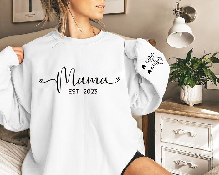 Mama Est 2023 Sweatshirt Gift For Mother's Day, Name On Sleeve Sweatshirt, Mom Birthday Gift, Custom Mama Sweater, Personalized Mama tee