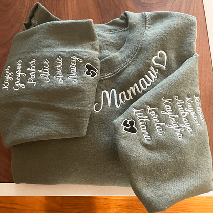 Mama Embroidered Sweatshirt - Personalized Gift for Moms, Hers - Kids Names on Sleeve