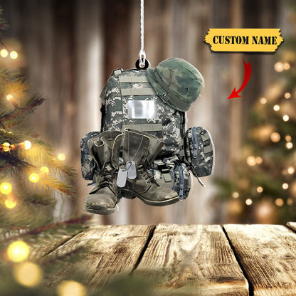 Ornáid Éide Míleata - Backpack Saighdiúir, Boot &amp; Hat - Ornáid Pearsantaithe