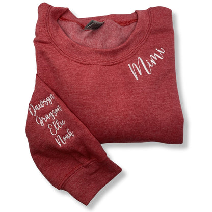 Mimi Sweatshirt with GrandKids Names on Sleeve, Embroidered Gift for Mimi