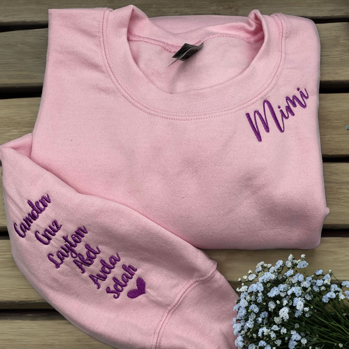 Mimi Sweatshirt with GrandKids Names on Sleeve, Embroidered Gift for Mimi