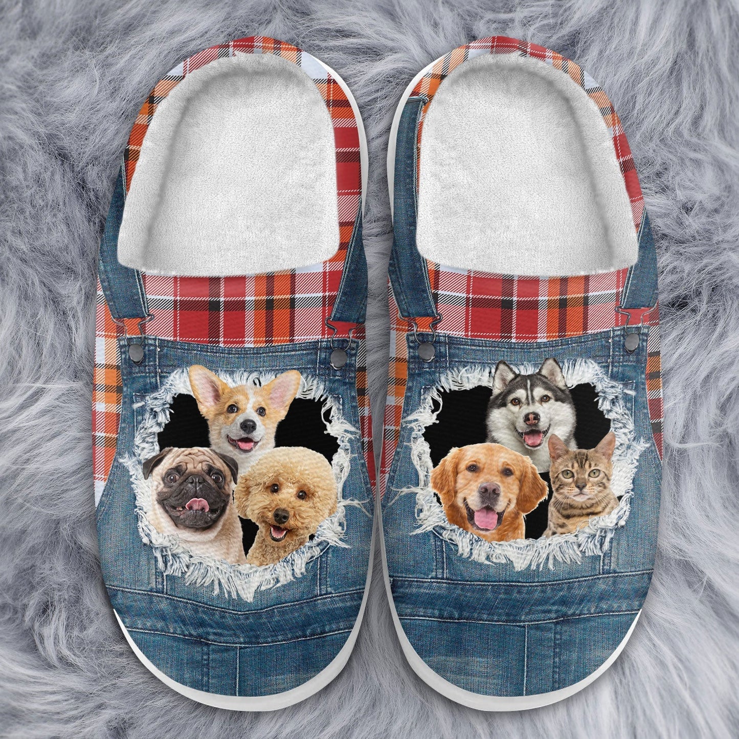 Custom Photo Overalls Pet Face - Gift For Pet Lovers, Pet Mom, Pet Dad - Personalized Fluffy Slippers