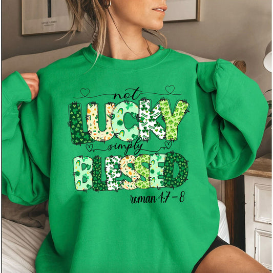 Not Lucky Simply Blessed Roman 47-8 Shirt, Bible Verses Sweatshirt, Patrick Doodles Sweatshirt, Leopard Saint Patrick Day Sweatshirt 1