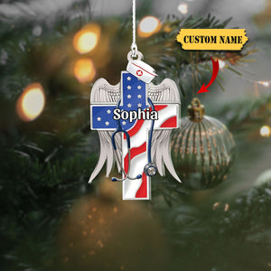 Nurse Cross Us Flag Personalized Flat Ornament, christmas girt for nurse, Ornament For Nurse