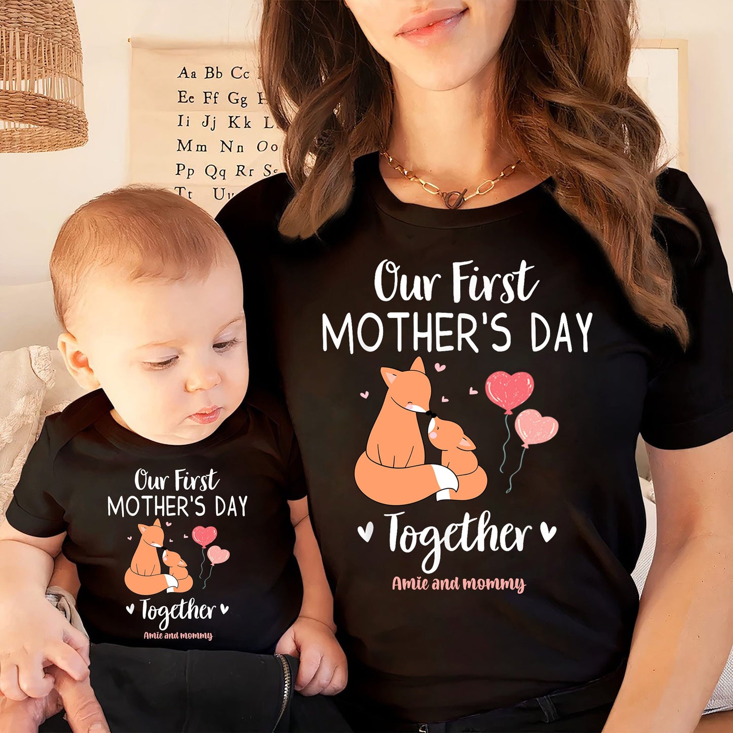 Our First Mother's Day Together Custom Baby and Mommy Names Shirt, Matching Gift Tee Set for Mother’s Day, Mama Bear gift, 1st Mothers Day