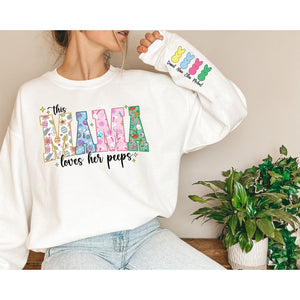 Personalized Mama Easter Shirt, This Mama Loves Her Peeps, Bunny Mom Sweatshirt, Mommy Peeps Shirt, Mom with Kids Names Easter Shirt