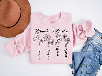 Personalized Birth Flower Grandma Sweatshirt, Grandma's Garden Shirt,Birthday Month Personalized Auntie,Grandchildren Shirt,Mothers Day Gift