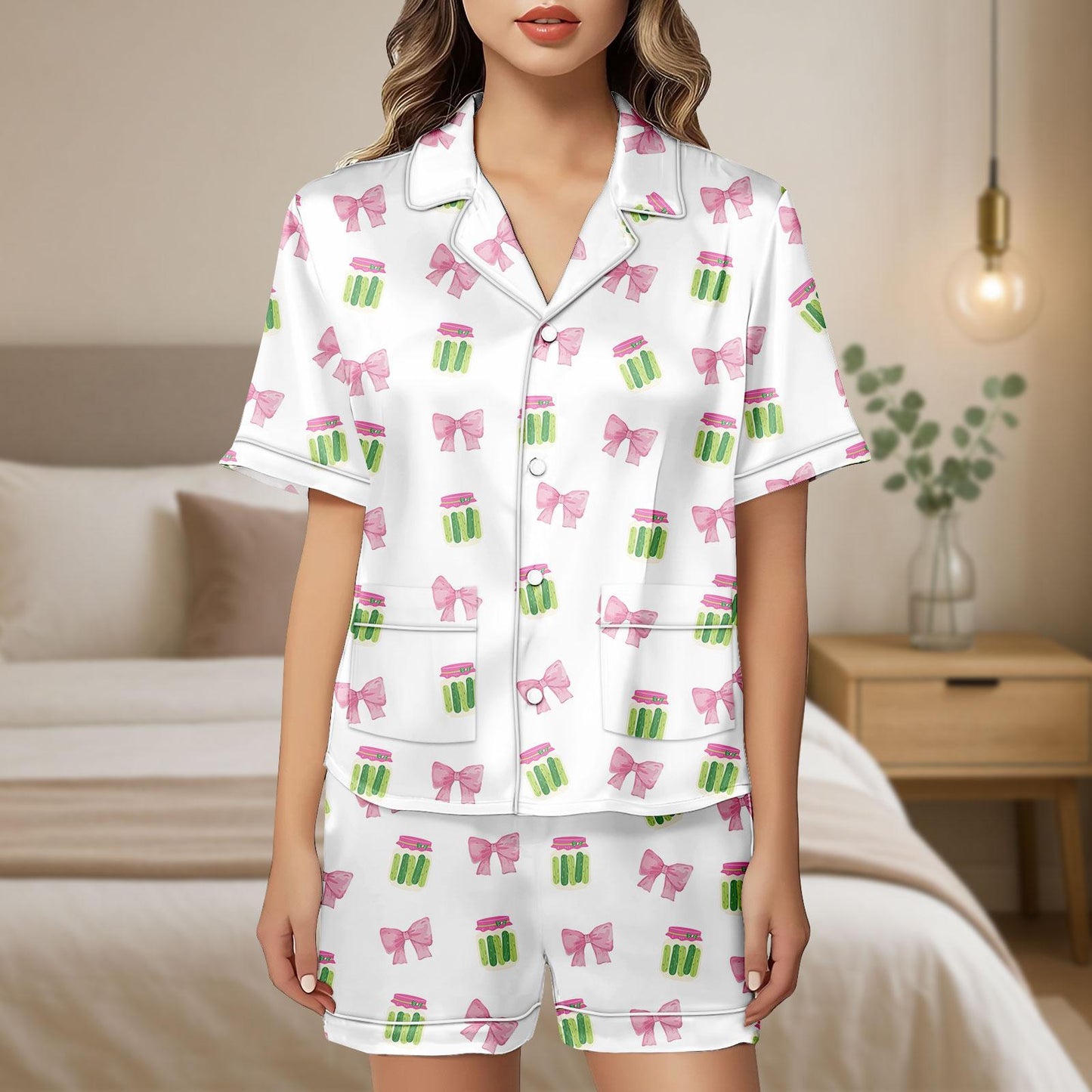 Pickle Coquette Satin Pajamas, Coquette Pajamas Set, Pickle Lover Silk Pajamas, Coquette Pickle Bride Pajamas, Funny Pickle Pajamas