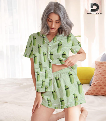 Pickle Lover Short Satin Pajamas, Kind Of A Big Dill Silk Pajamas For Women, Funny Pickle Pajamas Shorts, Pickle Baby Pajamas Set