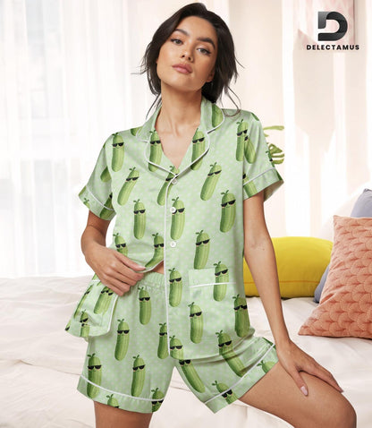 Pickle Lover Short Satin Pajamas, Kind Of A Big Dill Silk Pajamas For Women, Funny Pickle Pajamas Shorts, Pickle Baby Pajamas Set