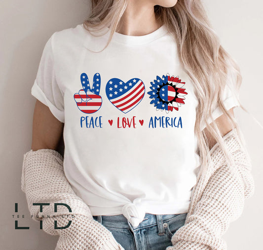 Léine Peace Love America, Léine 4 Iúil, Léine Lae na Saoirse, Léine Ceathrú Iúil, Léine Tírghrá, Beannaigh Dia Meiriceá, Brat Mheiriceá