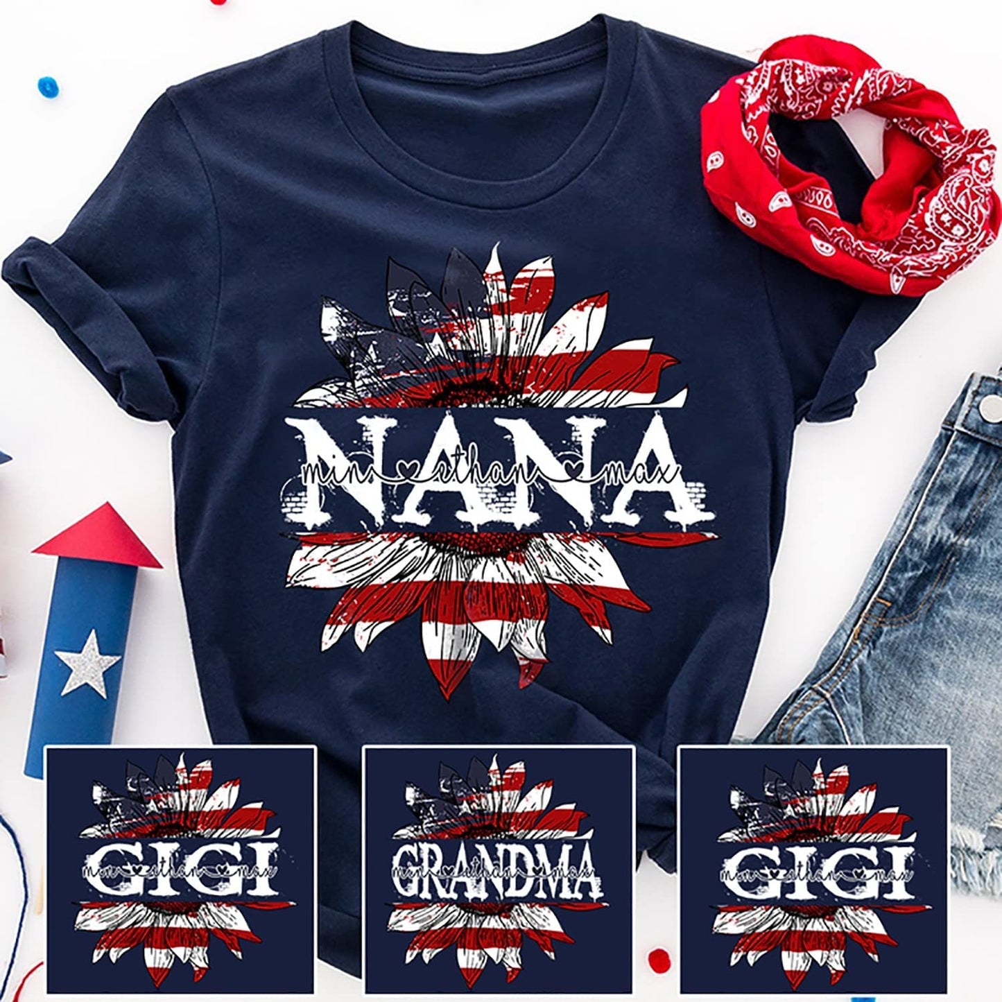 Personalized 4th of July Sunflower Nana Shirt, Patriotic Grandma with Kid Shirt for Independence Day