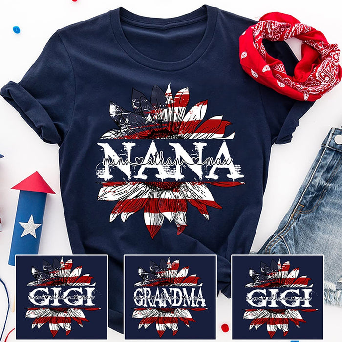 Personalized 4th of July Sunflower Nana Shirt, Patriotic Grandma with Kid Shirt for Independence Day