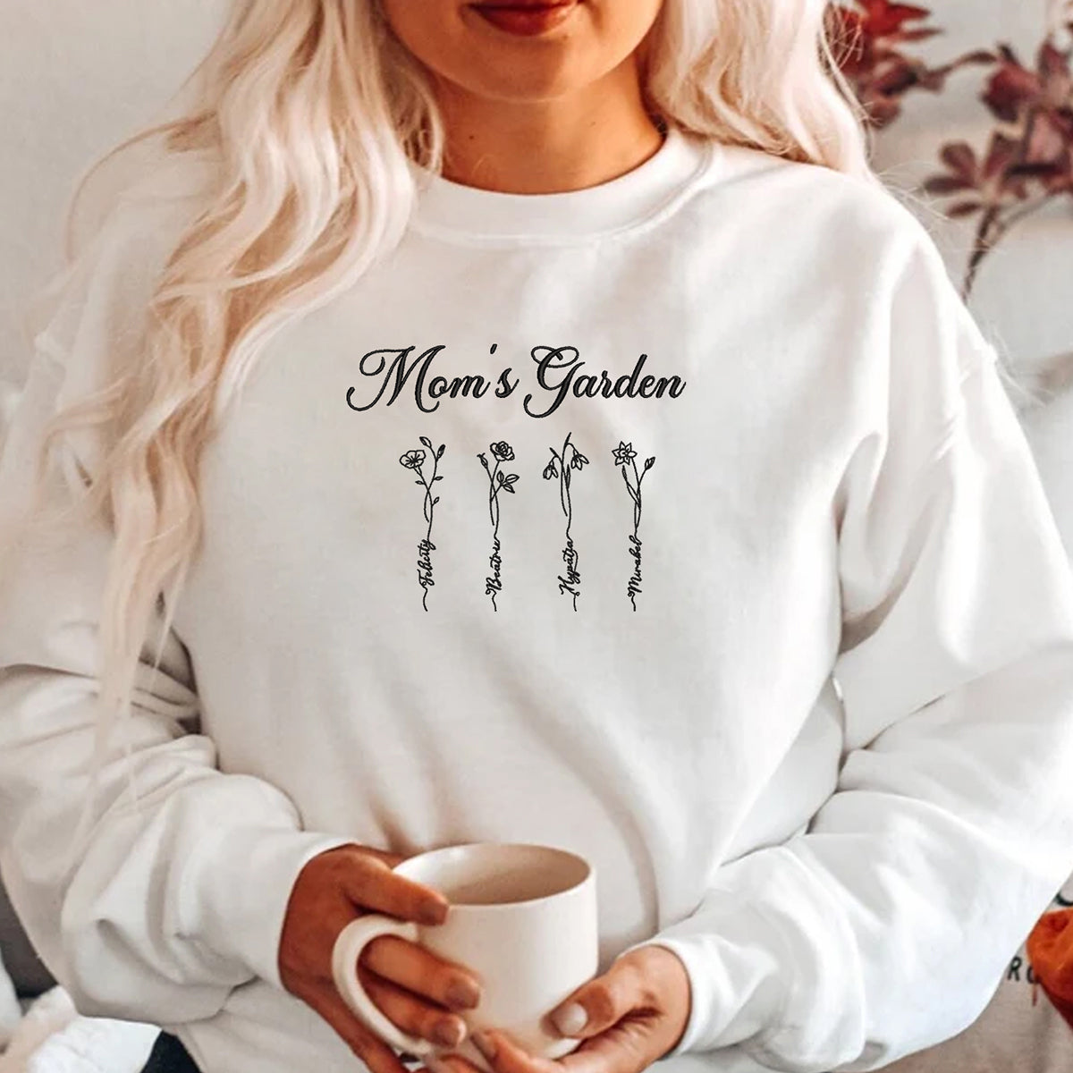 Personalized Birth Flower Mom Sweatshirt or Hoodie - Embroidered