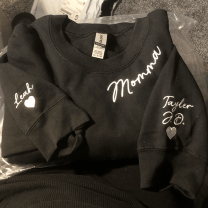 Personalized Gift for Momma with Embroidered Sweatshirt or Hoodie, Kids Names on Sleeve