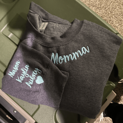 Personalized Gift for Momma with Embroidered Sweatshirt or Hoodie, Kids Names on Sleeve