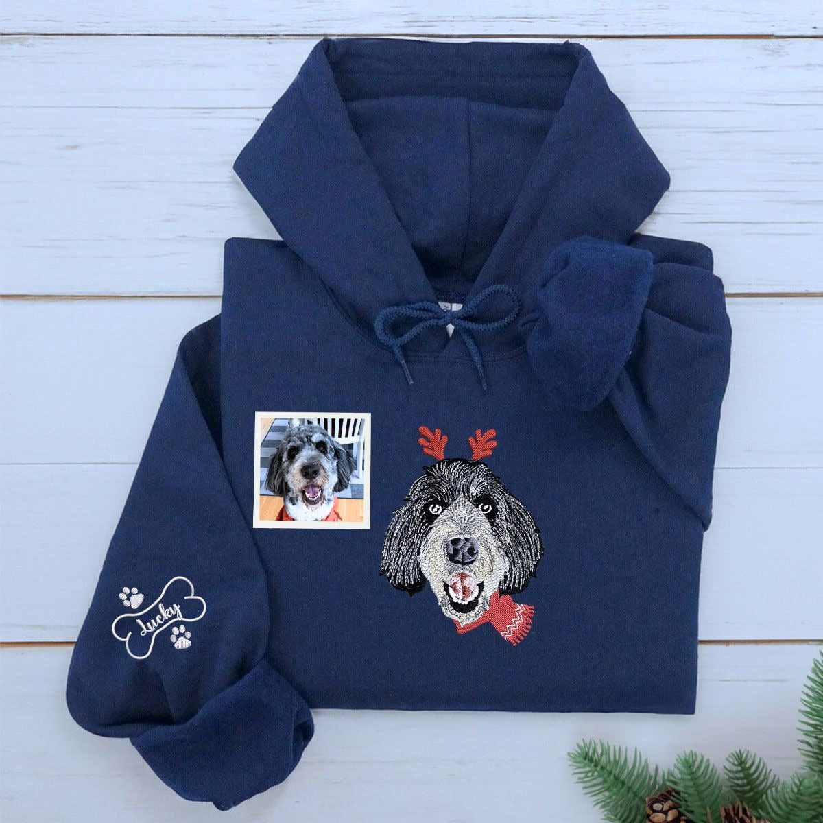 Personalized Pet Christmas Sweatshirt  Hoodie with Embroidered Photo,  Unique Pet Lover Gift
