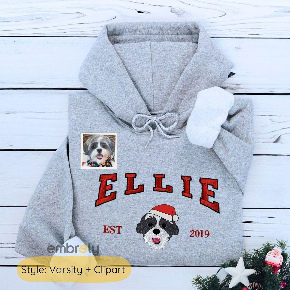 Personalized Pet Christmas Sweatshirt  Hoodie with Embroidered Photo,  Unique Pet Lover Gift