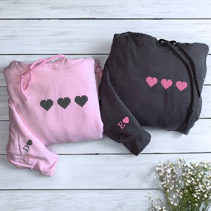 Pixel Hearts Sweatshirt or Hoodie, Custom Embroidered Valentine's Day Gifts For Her Him