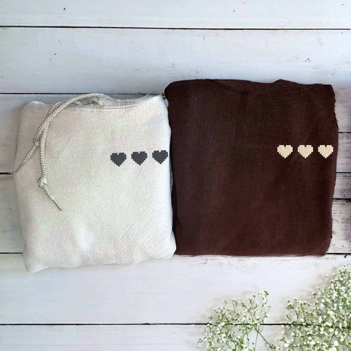 Pixel Hearts Sweatshirt or Hoodie, Custom Embroidered Valentine's Day Gifts For Her Him