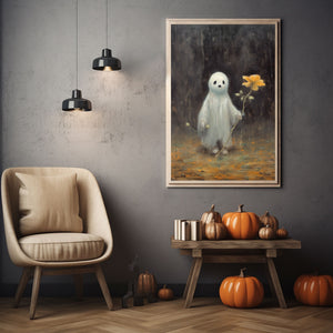 Ghost Holding A Sunflower Print Poster, Gothic art Poster, Art Poster Print, Haunting Ghost, Halloween Decor, Spooky Gothic Printable, Wall Decor